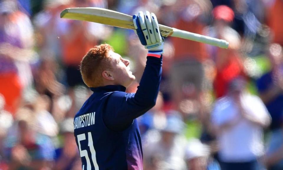 England’s Jonny Bairstow celebrates his century during the absorbing ODI defeat by New Zealand at University Oval in Dunedin.