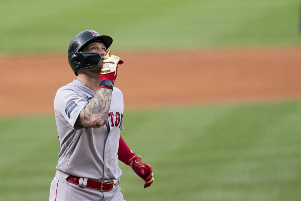 Boston Red Sox's Alex Verdugo celebrates after hitting a home run against the Washington Nationals during the first inning of a baseball game Tuesday, Aug. 15, 2023, in Washington. (AP Photo/Stephanie Scarbrough)