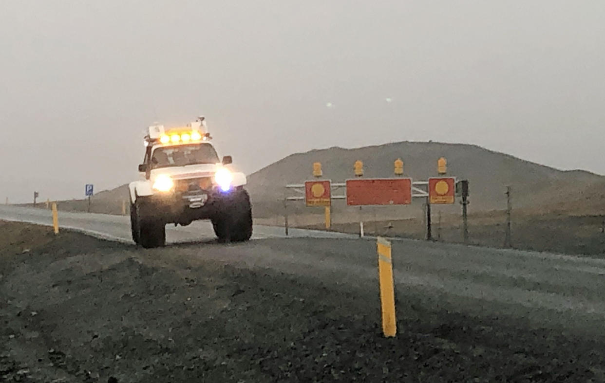 Police vehicle at a roadblock on Route 1 in Iceland, near the Jokulsarlon glacier lagoon. Three British tourists, including a child, have died after the 4×4 they were in crashed off a bridge in Iceland.