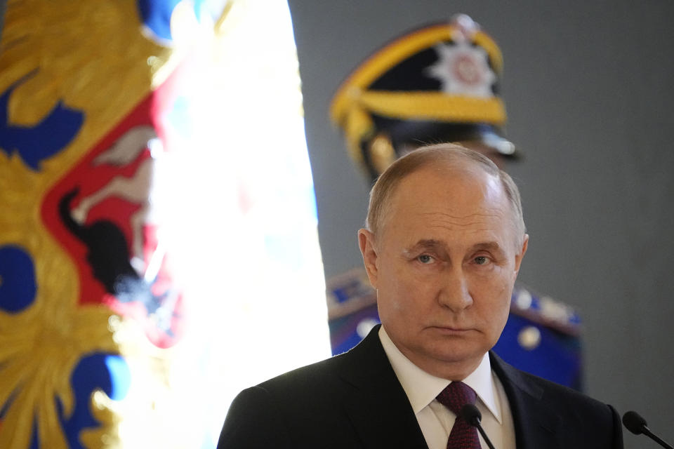 Russia President Vladimir Putin meets his authorised representatives for the presidential election campaign in the Andreyevsky Hall of the Great Kremlin Palace, in Moscow, Russia, Wednesday, March 20, 2024. (AP Photo/Alexander Zemlianichenko)