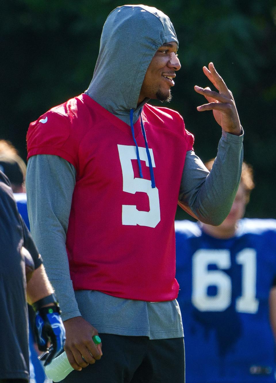 Indianapolis Colts quarterback Anthony Richardson (5) wasn't in pads Monday, July 31, 2023, during training camp at the Grand Park Sports Campus in Westfield, Indiana. According to the team, Richardson underwent a nasal septum procedure Sunday.