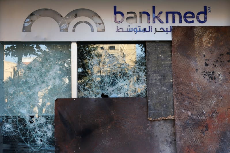 A view shows the damage at a Bankmed branch in Beirut