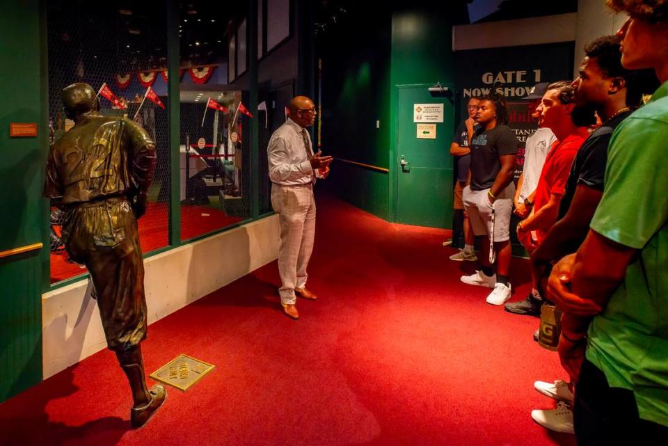 Negro Leagues Baseball Museum president Bob Kendrick takes Ban Johnson Collegiate League players a tour on Wednesday, July 19, 2023. Contributed Photo/Chad Combs