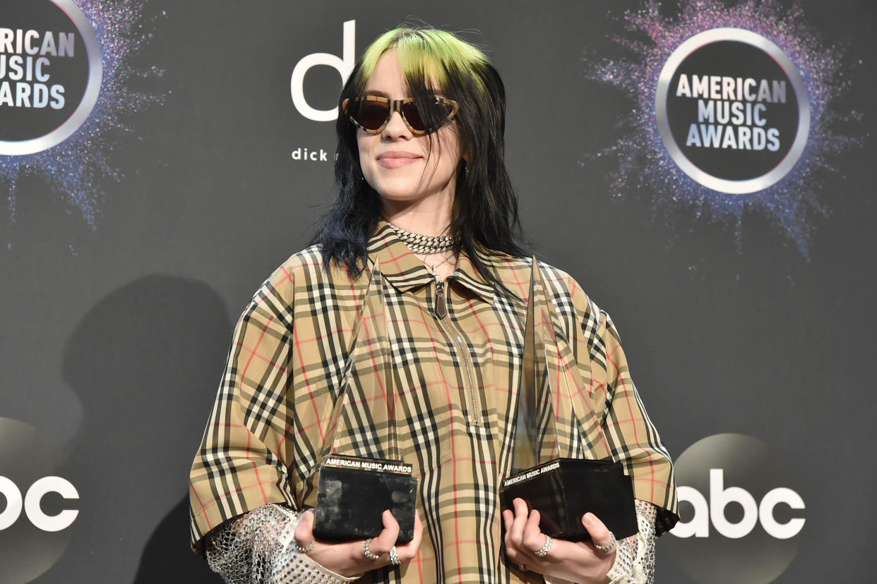 LOS ANGELES, CALIFORNIA - NOVEMBER 24: Billie Eilish attends the 47th Annual American Music Awards® - Press Room at Microsoft Theater on November 24, 2019 in Los Angeles, California. (Photo by David Crotty/Patrick McMullan via Getty Images)