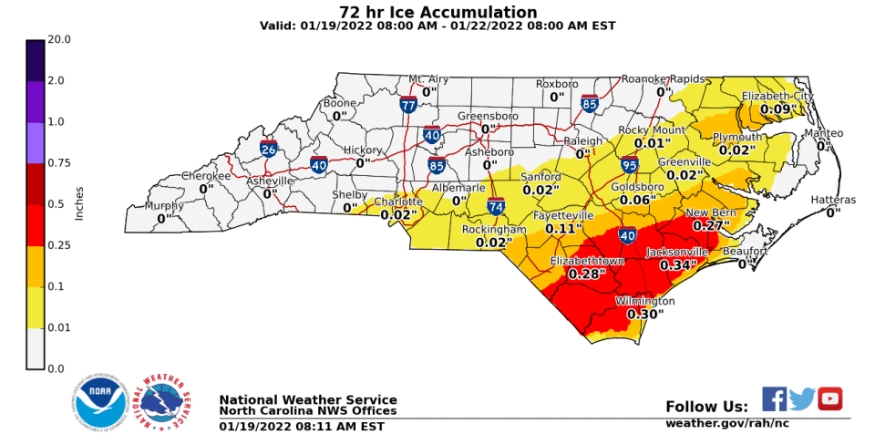 Sleet and freezing rain remain a primary concern south of Fayetteville.