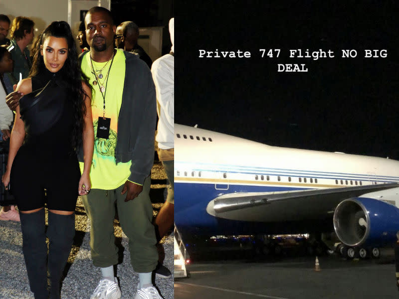 Kim Kardashian and Kanye West are shamed for traveling in a private 747 plane. (Photo: Getty/Instagram)