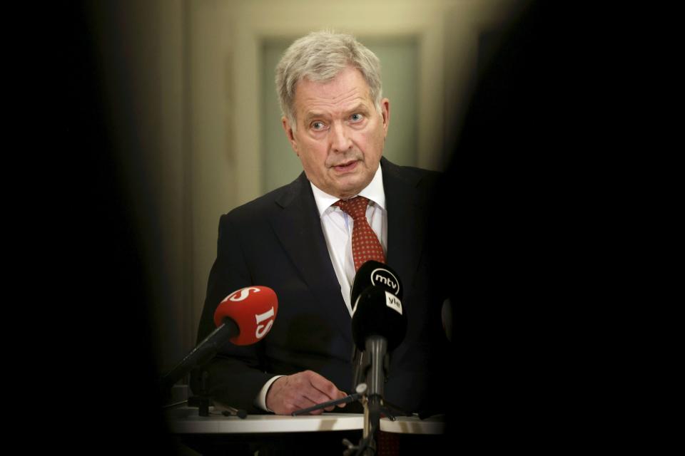 President of Finland Sauli Niinisto speaks during the press conference after the NATO Summit at the official Presidential residence Mantyniemi in Helsinki, Finland, Friday Feb. 25, 2022. (Seppo Samuli/Lehtikuva via AP)