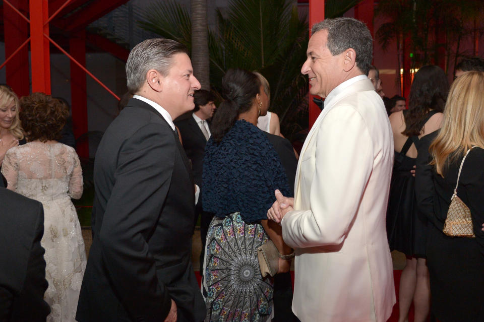 LOS ANGELES, CA - APRIL 18:  Netflix Chief Content Officer Ted Sarandos (L) and Walt Disney Company CEO Bob Iger attend the LACMA 50th Anniversary Gala sponsored by Christie's at LACMA on April 18, 2015 in Los Angeles, California.  (Photo by Charley Gallay/Getty Images for LACMA)