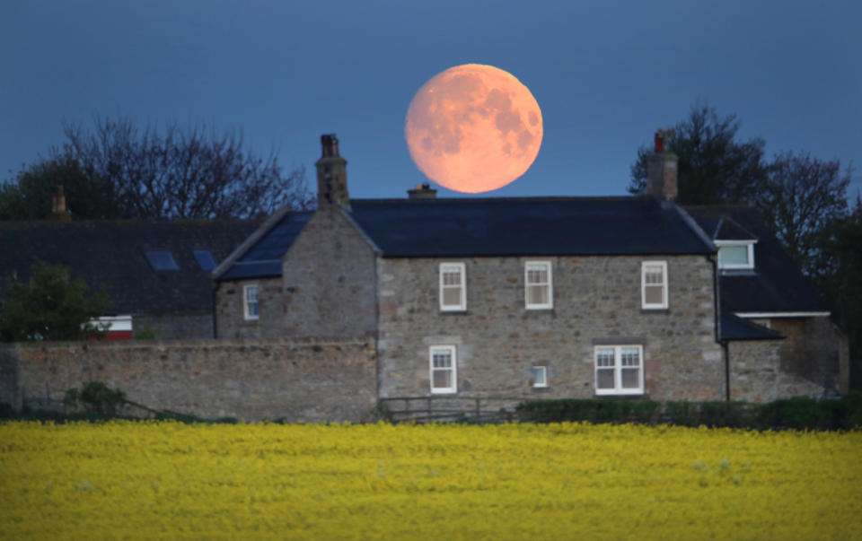 The moon appears pink as it sets over a house in Bamburgh, Northumberland.