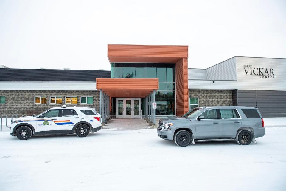 RCMP drop off a cruiser at the public coroner's inquest into the mass stabbings that happened on James Smith Cree Nation in 2022 in Melfort, Sask., on Wednesday, Jan. 17, 2024.