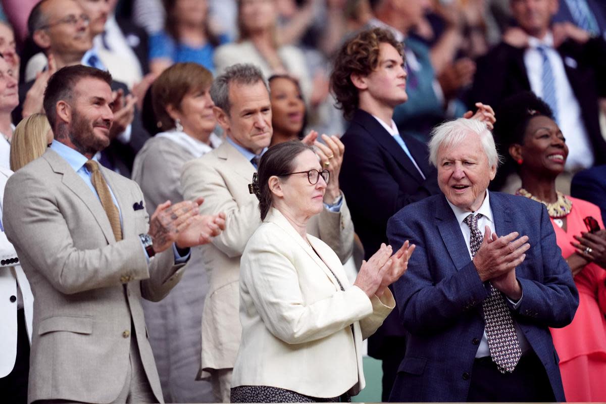 David Beckham, Susan Attenborough and Sir David Attenborough in the royal box on centre court on day one of the 2024 Wimbledon Championships <i>(Image: PA)</i>