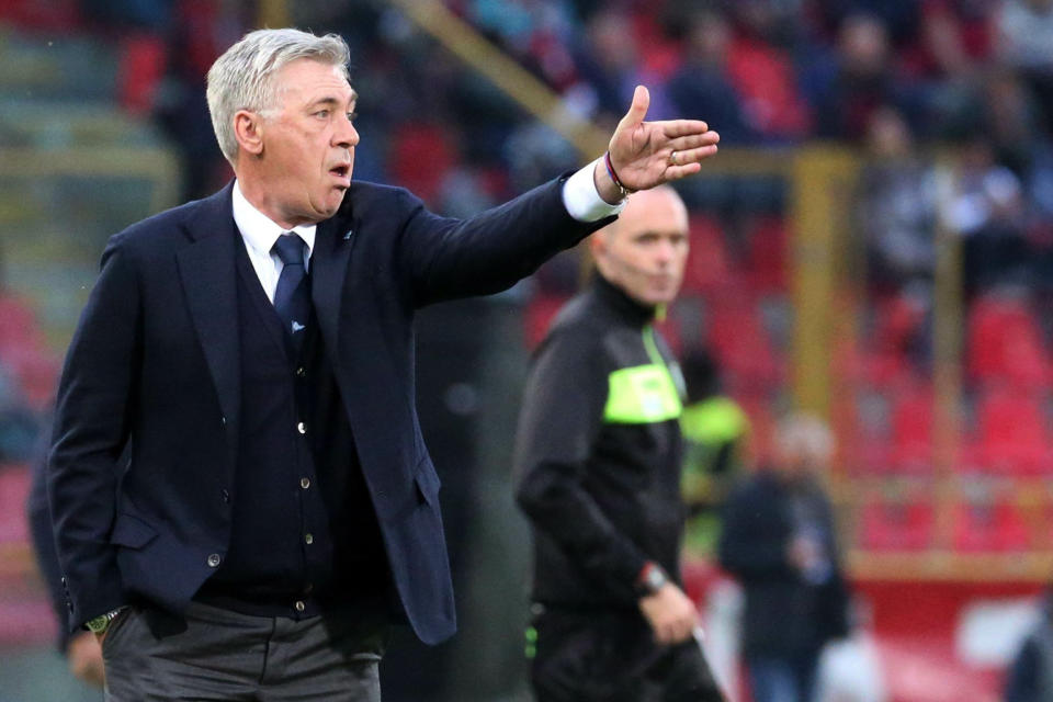 Napoli's coach Carlo Ancelotti gestures during the Italian Serie A soccer match between Bologna FC and SSC Napoli at the Renato Dall'Ara stadium in Bologna, Italy, Saturday, May 25, 2019. (Giorgio Benvenuti/ANSA via AP