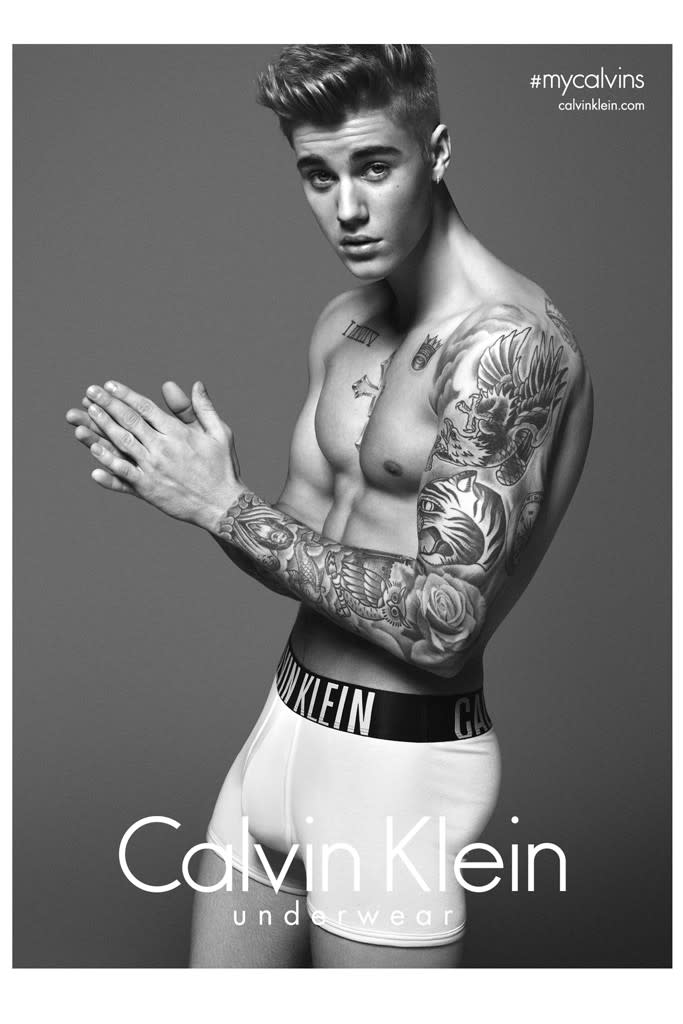ads, campaign, Calvin Klein, shirtless Justin Bieber underwear, tattoos, ck underwear model, mycalvins