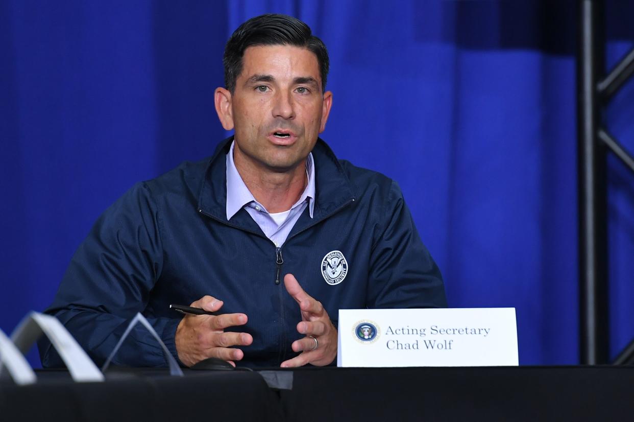 Acting Homeland Security Secretary Chad Wolf speaks during a roundtable discussion on community safety, at Mary D. Bradford High School in in Kenosha, Wisconsin on September 1, 2020. (Mandel Ngan/AFP via Getty Images)