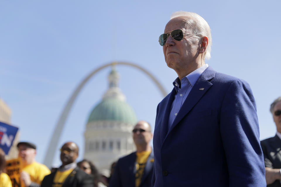 Democratic presidential candidate former Vice President Joe Biden waits to take the stage during a campaign rally Saturday, March 7, 2020, in St. Louis. (AP Photo/Jeff Roberson)