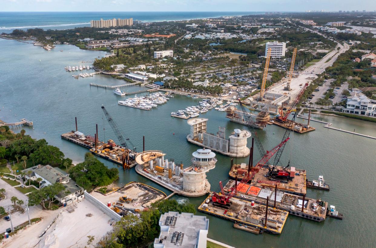 Progress is being made on construction of the new $122 million U.S. 1 bridge over the Loxahatchee River and Intracoastal Waterway on March 26, 2024 in Jupiter, Florida. The entire project is scheduled to be completed in Spring 2026, but whole bridge will open for drivers in Spring 2025.