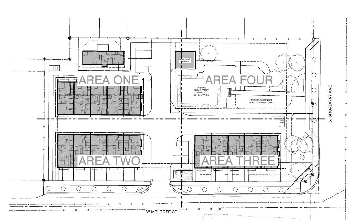 Developer David Benoit plans to build the 15 town houses in three buildings and a single-family home called the Wyeth Subdivision next to the historic Nathan Smith House in South Boise at 2315 S. Broadway Ave. This landscape plan shows how the site would be divided, with the Nathan Smith House protected at top right. Rodney Evans + Partners