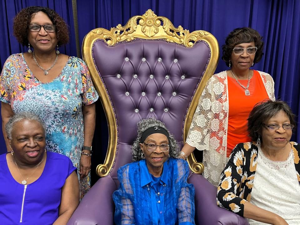 Rebia Berry, center, is seen at a party to celebrate her 97th birthday. The celebration was held at Immaculate Heart of Mary Catholic Church in Candler, Florida, on Saturday, April 22, 2023, two days after her actual birthdate. Berry is surrounded by her four daughters: Carolyn Stevenson, seated left; Gwendolyn Martin, left, standing; Linda Berry, seated right; and Laverne (Sandra) Williams, right, standing.