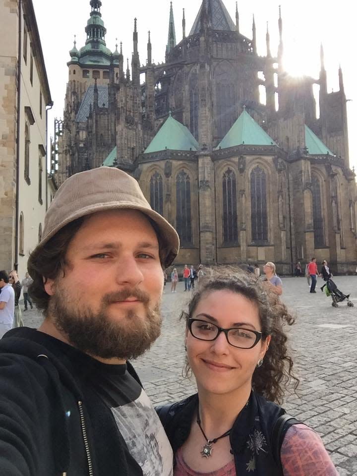 Dennis Golin with his wife, Leesa, in front of Prague Castle.