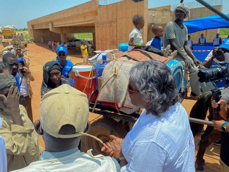 U.S. Ambassador to the United Nations, Linda Thomas-Greenfield speaks with Sudanese refugees as they cross the border into Chad, in Adre