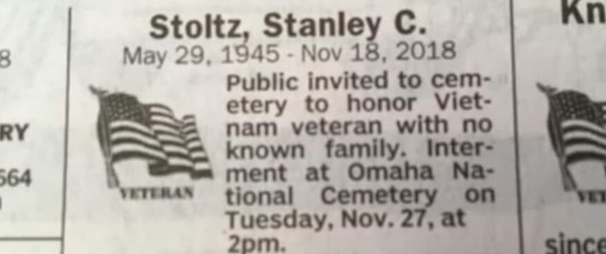 Vietnam veteran Stanley C. Stoltz was honored by hundreds of people at the Omaha National Cemetery. (Photo: Jennifer Mendelsohn via Twitter)