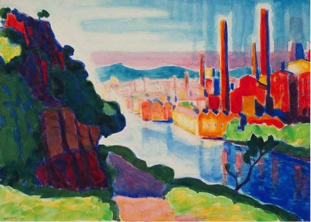 Oscar Bluemner, Paterson Factories (View from Monument Rock), 1913, watercolor and gouache on paper, 15” X 21 ½” Image courtesy the Hand Art Center.