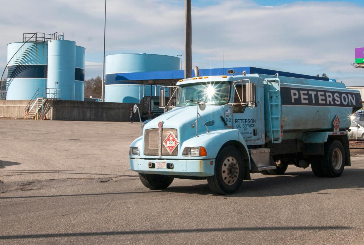 A Peterson Oil Service truck leaves the company's Crescent Street facility in Worcester in 2021.