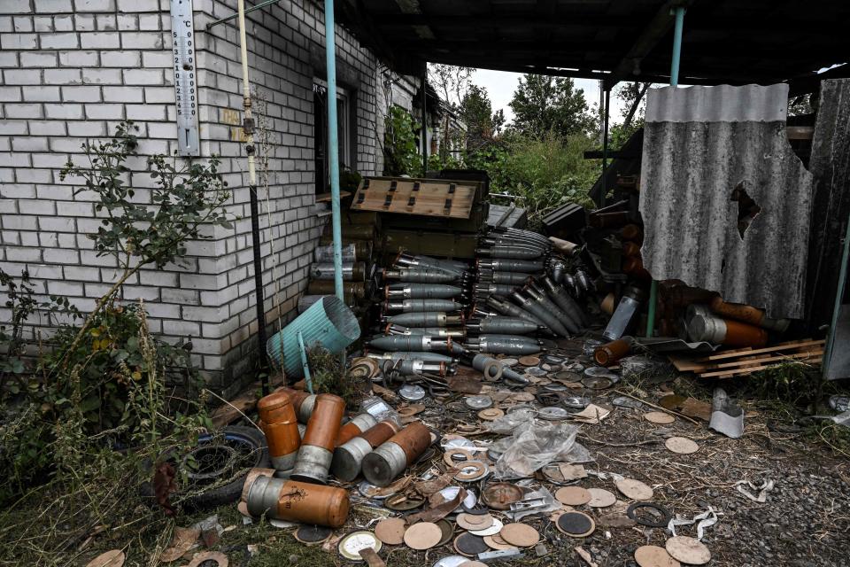 A photograph taken on September 11, 2022, shows abandoned munitions in a village on the outskirts of Izyum, Kharkiv Region, eastern Ukraine, after Russian forces were forced to withdraw from the area. / Credit: JUAN BARRETO/AFP/Getty