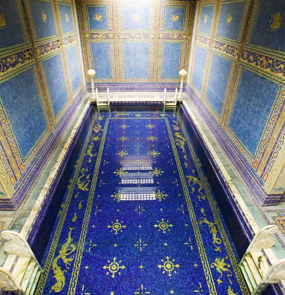 A rarely seen view of Hearst Castle’s lavish indoor Roman Pool at La Casa Grande in San Simeon. Shown are by Camille Solon and groundbreaking Castle architect Julia Morgan.