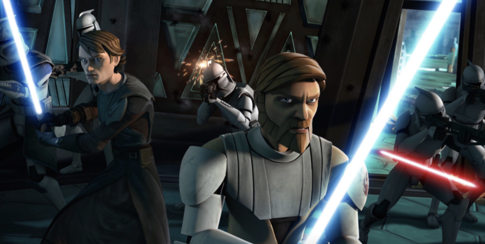 Anakin and Obi-Wan fight in the Clone Wars