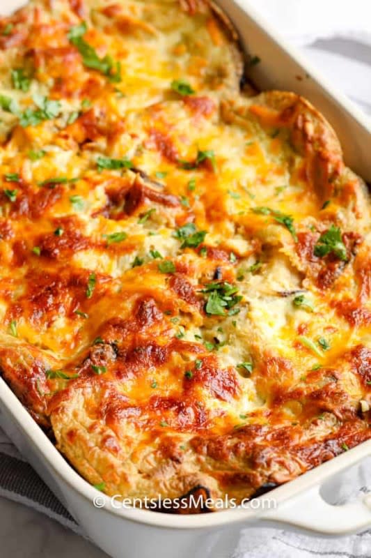 <p>When you’re short on time or money is tight, this chicken enchilada casserole is the answer to the dinner dilemma!</p><p><strong>Get the recipe: <a href="https://centslessdeals.com/chicken-enchilada-casserole/" rel="nofollow noopener" target="_blank" data-ylk="slk:Chicken Enchilada Casserole;elm:context_link;itc:0;sec:content-canvas" class="link "><em>Chicken Enchilada Casserole</em></a></strong></p>