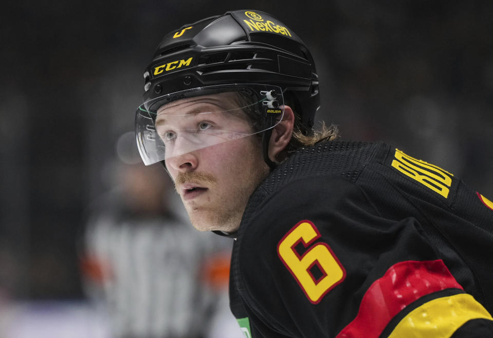 Vancouver Canucks' Brock Boeser waits for a faceoff during the third period of an NHL hockey game against the Anaheim Ducks in Vancouver, on Tuesday, Nov. 28, 2023. (Darryl Dyck/The Canadian Press via AP)