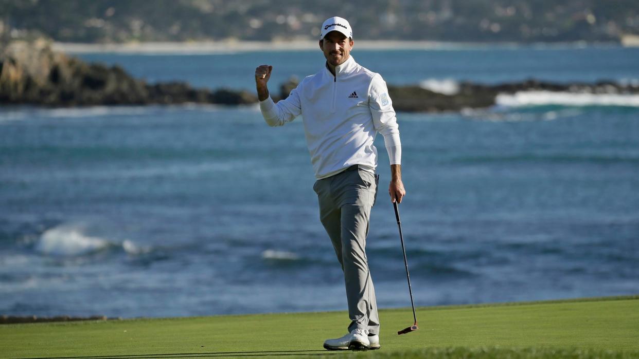 Mandatory Credit: Photo by Eric Risberg/AP/Shutterstock (10552417p)Nick Taylor, of Canada, reacts on the 18th green of the Pebble Beach Golf Links after winning the AT&T Pebble Beach National Pro-Am golf tournament, in Pebble Beach, CalifGolf, Pebble Beach, USA - 09 Feb 2020.