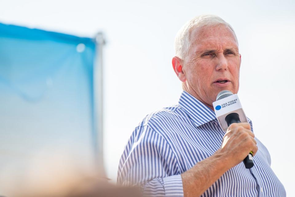 Republican presidential candidate former Vice President Mike Pence speaks during a campaign rally on the Des Moines Register SoapBox (Getty Images)