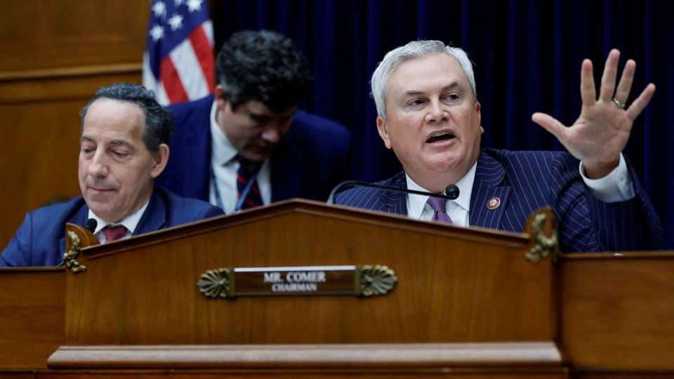 PHOTO: Chairman James Comer speaks next to House Oversight Committee Ranking Member Rep. Jamie Raskin during a House Oversight and Accountability Committee impeachment inquiry hearing, on Capitol Hill in Washington, D.C., on Sept. 28, 2023. (Jonathan Ernst/Reuters)