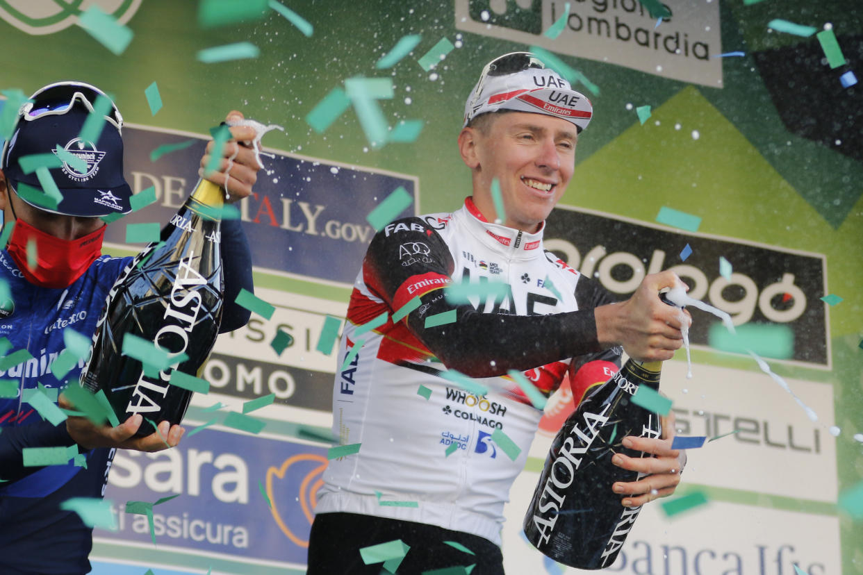 COMO, ITALY - OCTOBER 09: Tadej Pogacar of Slovenia and UAE Team Emirates celebrates after the victory during the 115th Il Lombardia 2021 a 239km race from Como to Bergamo on October 09, 2021 in Como, Italy. (Photo by Sara Cavallini/Getty Images)