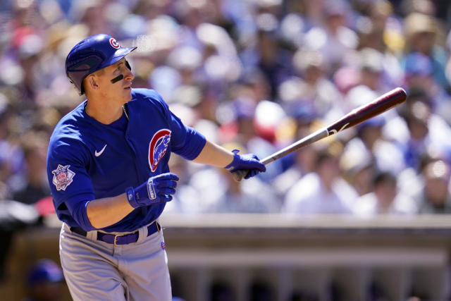 Chicago Cubs first baseman Alfonso Rivas warms up during the ninth inning  of a baseball game against the Arizona Diamondbacks Friday, May 13, 2022,  in Phoenix. The Diamondbacks won 4-3. (AP Photo/Ross