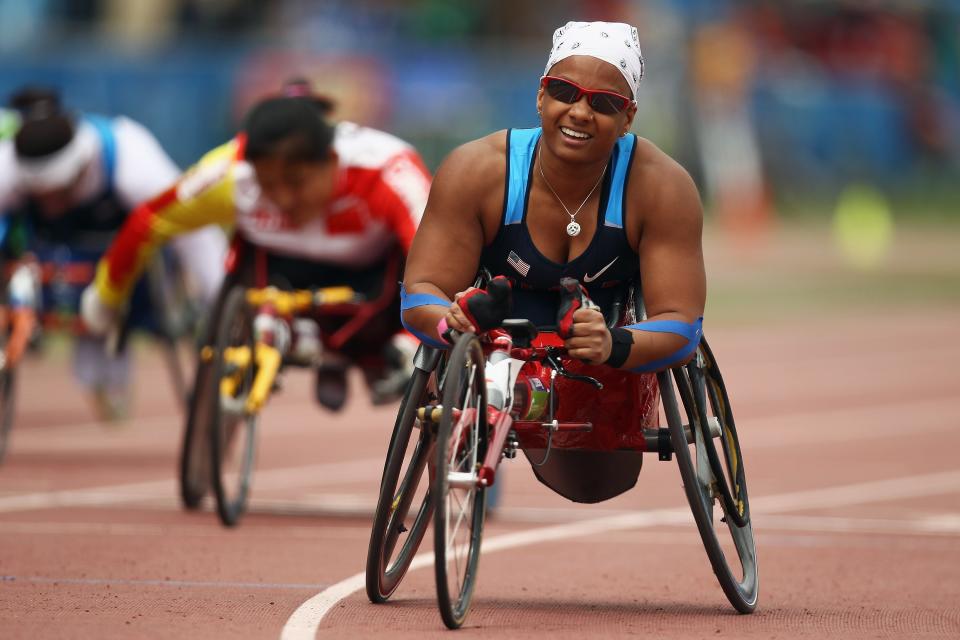 Anjali Forber-Pratt after winning the 200m T53 final at the IPC Athletics Championships in New Zealand in 2011