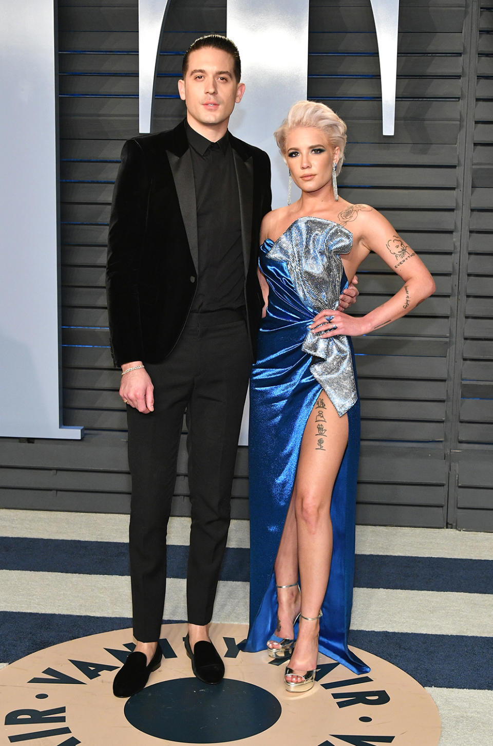<p>Halsey was bold in a leggy blue gown, while her rapper beau followed the reigning velvet menswear trend. (Photo: Dia Dipasupil/Getty Images) </p>