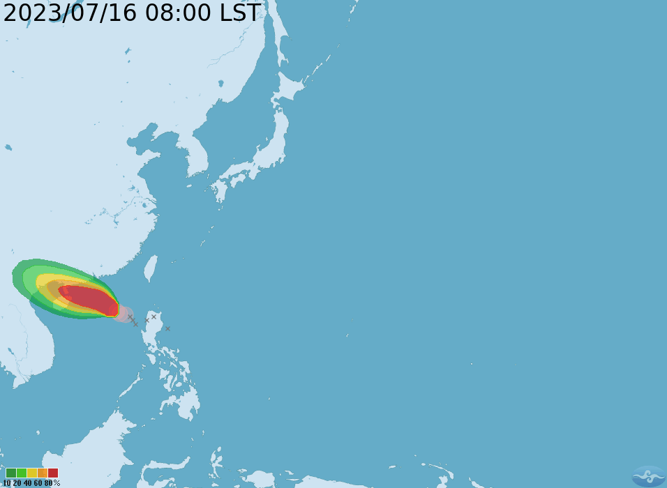 泰利颱風，今日8時的中心位置在北緯 18.8 度，東經 116.0 度，以每小時15公里速度，向西北進行。   圖：翻攝自中央氣象局官網