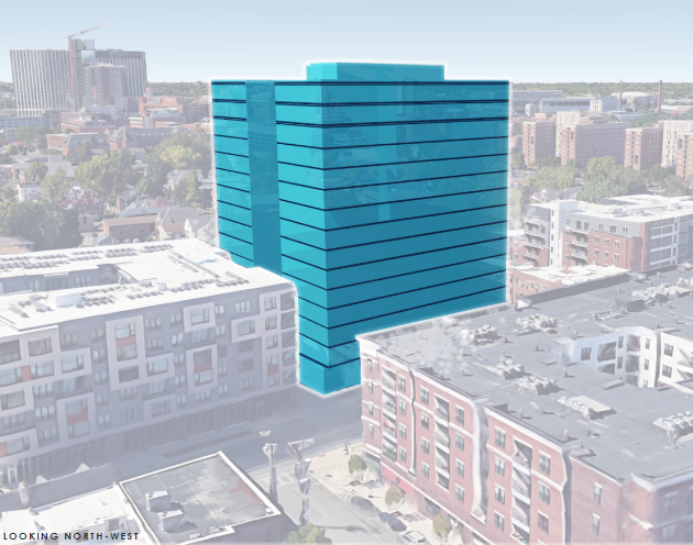 Conceptual massing of 15-story apartment building proposed for the corner of North High Street and West Ninth Avenue. (Courtesy Photo/Harbor Bay Ventures and DLR Group)