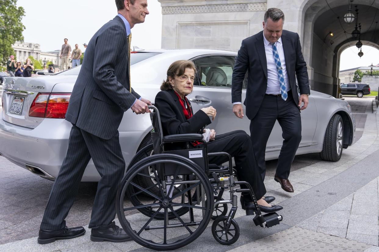Sen. <span class="caas-xray-inline-tooltip"><span class="caas-xray-inline caas-xray-entity caas-xray-pill rapid-nonanchor-lt" data-entity-id="Dianne_Feinstein" data-ylk="cid:Dianne_Feinstein;pos:1;elmt:wiki;sec:pill-inline-entity;elm:pill-inline-text;itc:1;cat:Politician;" tabindex="0" aria-haspopup="dialog"><a href="https://search.yahoo.com/search?p=Dianne%20Feinstein" data-i13n="cid:Dianne_Feinstein;pos:1;elmt:wiki;sec:pill-inline-entity;elm:pill-inline-text;itc:1;cat:Politician;" tabindex="-1" data-ylk="slk:Dianne Feinstein;cid:Dianne_Feinstein;pos:1;elmt:wiki;sec:pill-inline-entity;elm:pill-inline-text;itc:1;cat:Politician;" class="link ">Dianne Feinstein</a></span></span>, in a wheelchair as she returns to the Senate after a more than two-month absence, May 10, 2023. <a href="https://newsroom.ap.org/detail/Senate%20Feinstein/de7f088c19ed478dad46dafebb75f624?Query=Feinstein%20wheelchair&mediaType=photo&sortBy=creationdatetime:desc&dateRange=Anytime&totalCount=19&currentItemNo=14" rel="nofollow noopener" target="_blank" data-ylk="slk:AP Photo/J. Scott Applewhite;elm:context_link;itc:0;sec:content-canvas" class="link ">AP Photo/J. Scott Applewhite</a>