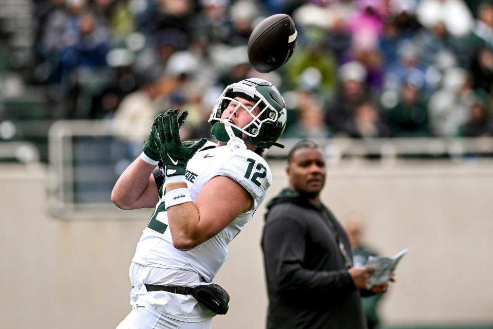 Michigan State's Jack Velling catches a pass during the Spring Showcase on Saturday, April 20, 2024, at Spartan Stadium in East Lansing.