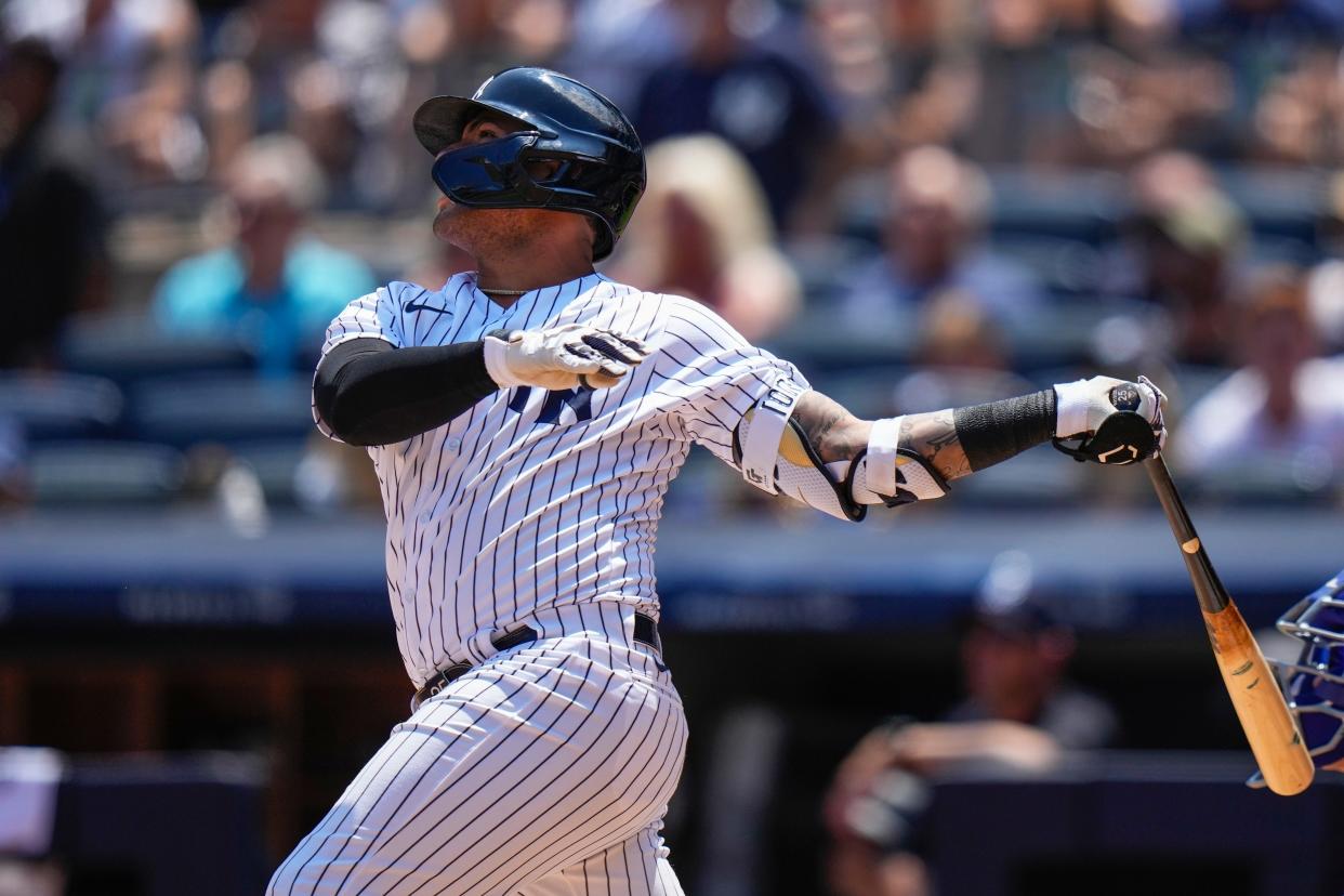 New York Yankees' Gleyber Torres hits a two-run home run during the first inning of a baseball game against the Kansas City Royals, Sunday, July 23, 2023, in New York. (AP Photo/Frank Franklin II)