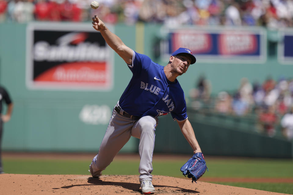 Toronto Blue Jays' Chris Bassitt delivers a pitch to a Boston Red Sox batter in the first inning of a baseball game, Sunday, Aug. 6, 2023, in Boston. (AP Photo/Steven Senne)
