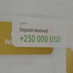 Notification on a screen showing a deposit received for +250,000 USD