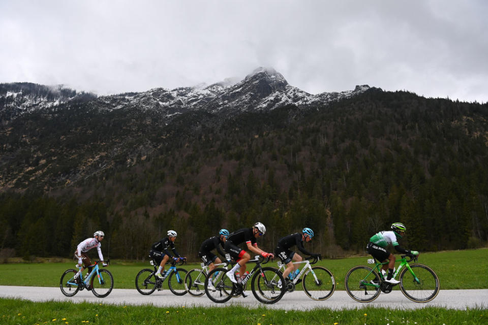 ALPBACH AUSTRIA  APRIL 17 General view of the Moran Vermeulen of Austria and Team Austria Mulu Hailemichael of Ethiopia and Team Caja RuralSeguros RGA Andrea Garosio of Italy and EoloKometa Cycling Team Valentin ParetPeintre of France and Ag2R Citron Team Alex Martin of Spain and EoloKometa Cycling Team and Sergio Samitier of Spain and Movistar Team competing in the breakaway through a mountainous landscape during the 46th Tour of the Alps 2023 Stage 1 a 1275km stage from Rattenberg to Alpbach 984m on April 17 2023 in Alpbach Austria Photo by Tim de WaeleGetty Images