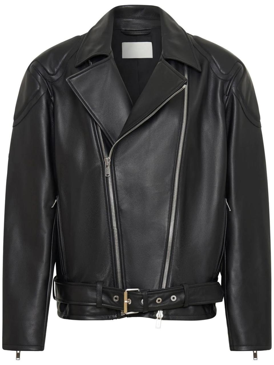 black leather jacket with belt on bottom