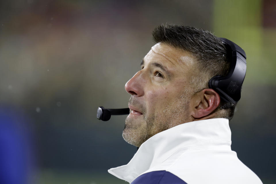 Tennessee Titans head coach Mike Vrabel stands on the sideline during the first half of an NFL football game against the Green Bay Packers Thursday, Nov. 17, 2022, in Green Bay, Wis. (AP Photo/Matt Ludtke)