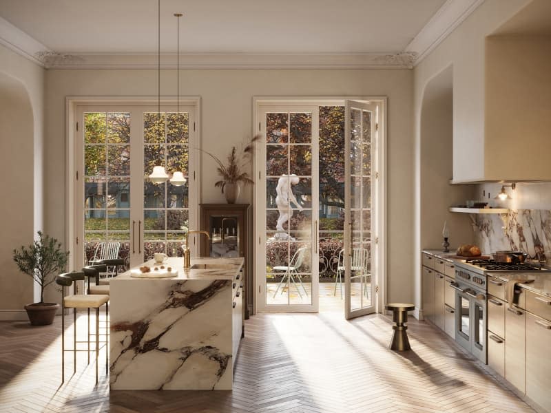 3D rendering of an old style kitchen interior with three high chairs on the island